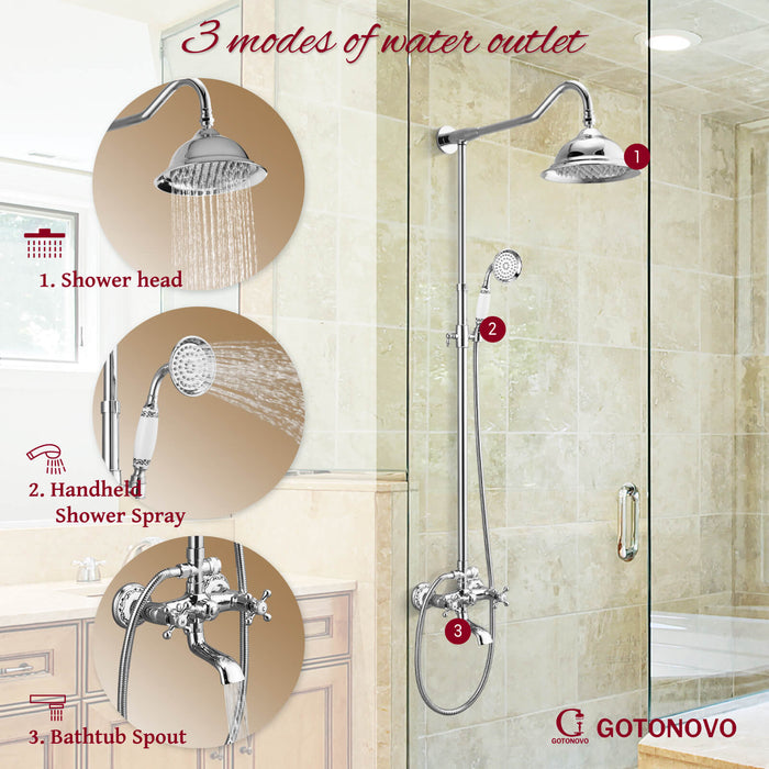 Shower System Set Complete 8 Rain Shower Faucet 2 Double Knobs Handle Triple Function Tub Spout Shower Fixture Unit 12 Inch Extention