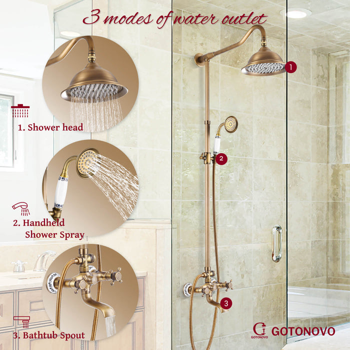 Shower System Set Complete 8 Rain Shower Faucet 2 Double Knobs Handle Triple Function Tub Spout Shower Fixture Unit 12 Inch Extention