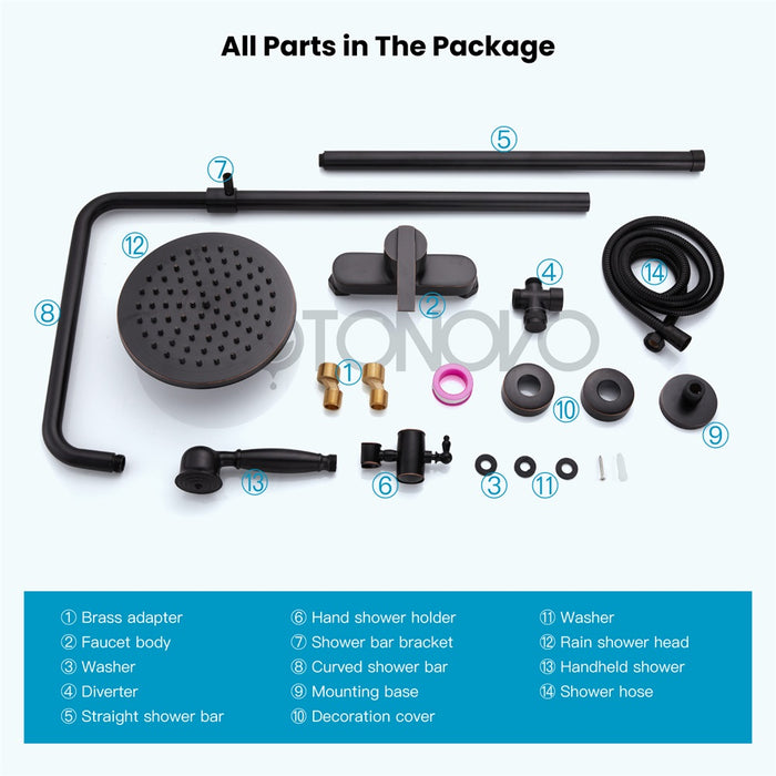 Gotonovo Oil Rubbed Bronze Exposed Pipe Shower System 8 Inch Rainfall Shower Head Brass Fixture Combo Set Single Handle with Handheld Sprayer Bathroom Shower Faucet Adjustable Showerhead Bar Dual Functions