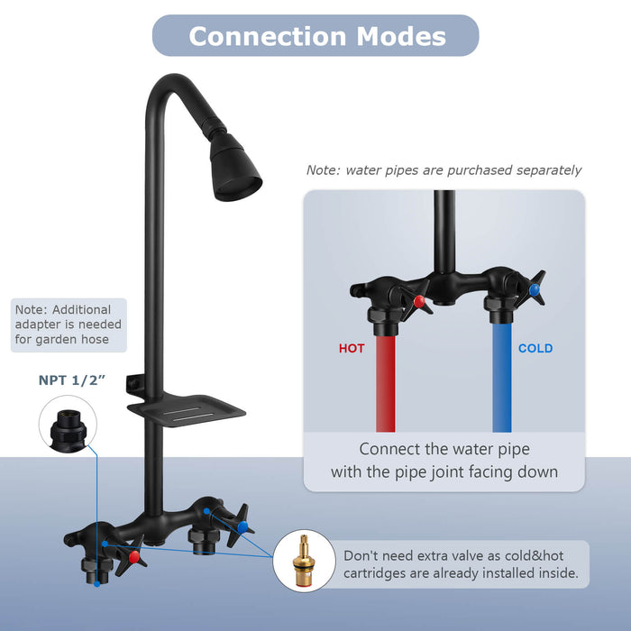 gotonovo Matte Black Outdoor Shower Kit Wall Mount Exposed Shower Faucet with Soap Dish Double Cross Handle Utility Shower Faucet Set with Shower Head
