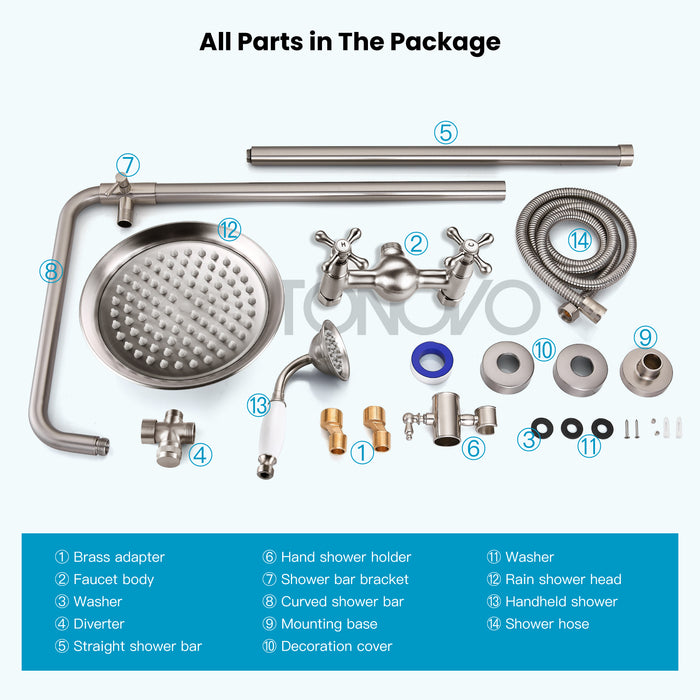 Gotonovo Exposed Shower System 8 Inch Rainfall Shower Head Dual Cross Handle with Handheld Spray Bathroom Shower System Wall Mount