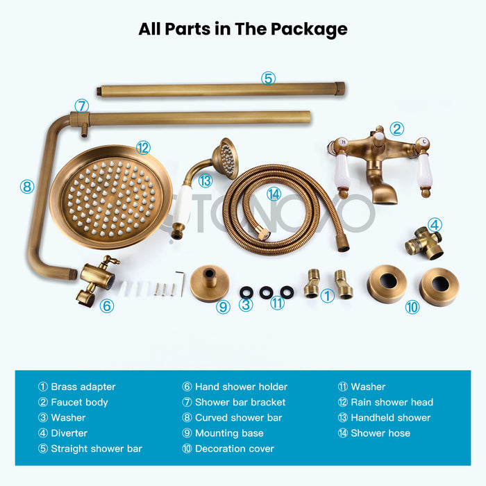 Gotonovo Exposed Shower System 8-inch Shower Head Fixture with Handheld Spray Double Lever Handle Bathtub Spout Triple Function Bathroom Wall Mount