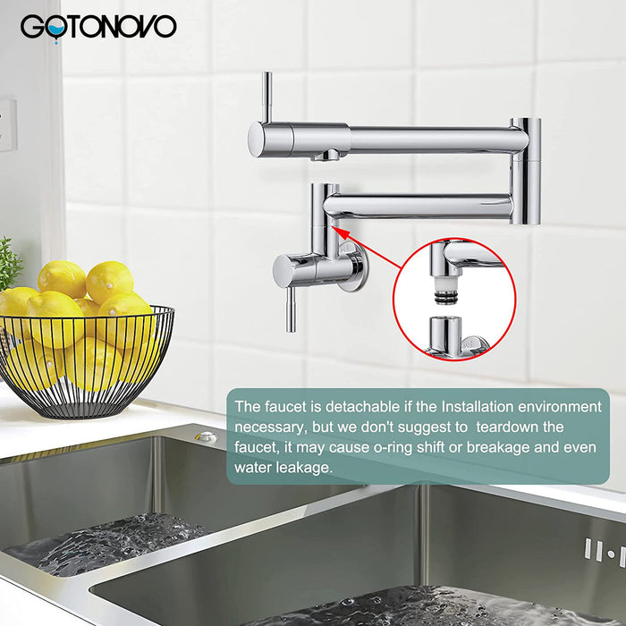 gotonovo Pot Filler Faucet Folding Stretchable Wall Mount Kitchen Restaurant Sink Faucet SUS304 Stainless Steel with Double Joint Swing Arm Single Hole Two Handles Commercial NPT