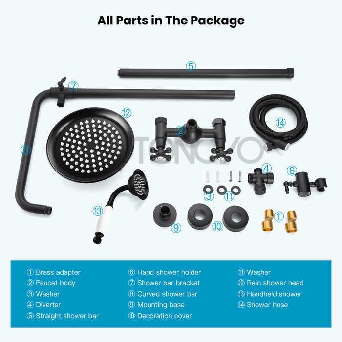 Gotonovo Exposed Shower System 8 Inch Rainfall Shower Head Dual Cross Handle with Handheld Spray Bathroom Shower System Wall Mount