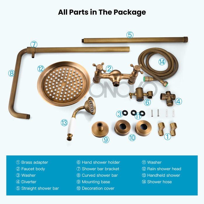 Gotonovo Exposed Shower System 8 Inch Rainfall Shower Head Dual Cross Handle with Handheld Spray Bathroom Shower System Wall Mount