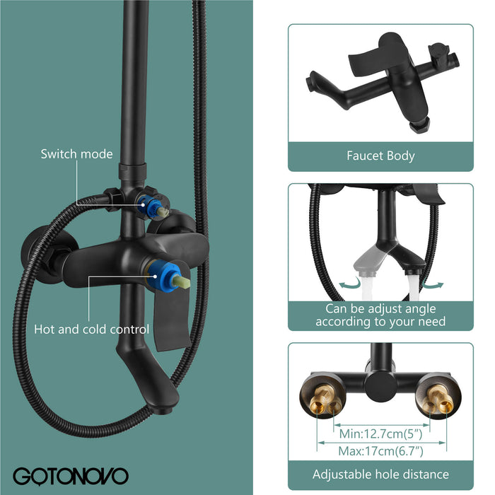 Exposed Bathroom Shower System Faucet Set Matte Black 8 Inch ABS Single 1 Handle ABS Shower Head Handheld Shower Adjustable Slide Bar Hand Spray Tub Spout Wall Mount Complete Set