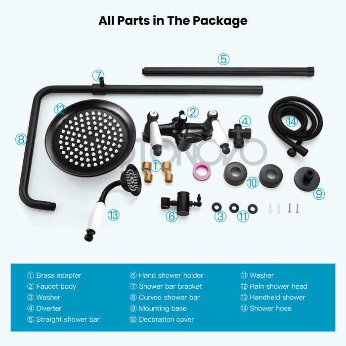 Gotonovo Exposed Shower System 8-inch Shower Head Fixture with Handheld Spray Double Lever Handle Bathtub Spout Triple Function Bathroom Wall Mount