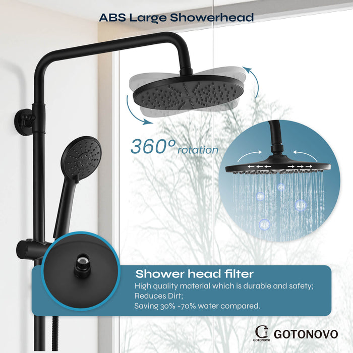Gotonovo Exposed Shower Faucet Matte Black 8 inch Rain ABS Shower Head and Handheld Sprayer Shower Fixture Combo System Unit Set