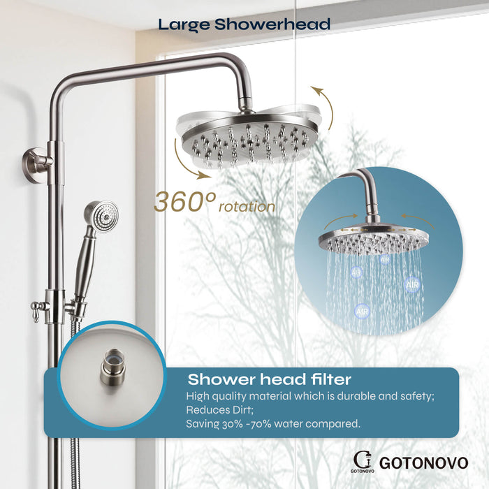 gotonovo Exposed Shower Set 8inch Top Shower Double Knobs cross Handle with Tub Spout Triple Function Shower Fixture System Set