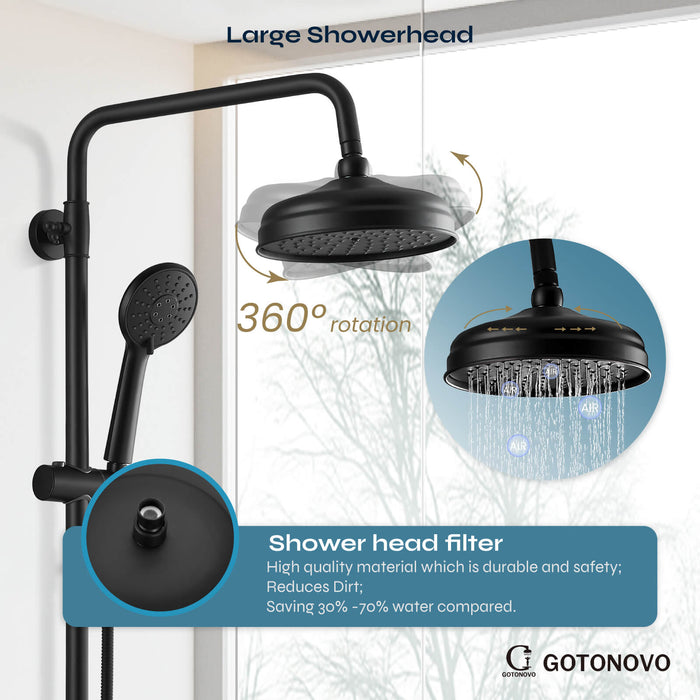 gotonovo Exposed Shower Fixture Set 8inch Rain Shower Head Double Knobs Cross Handle Dual Function Shower Faucet Combo Set