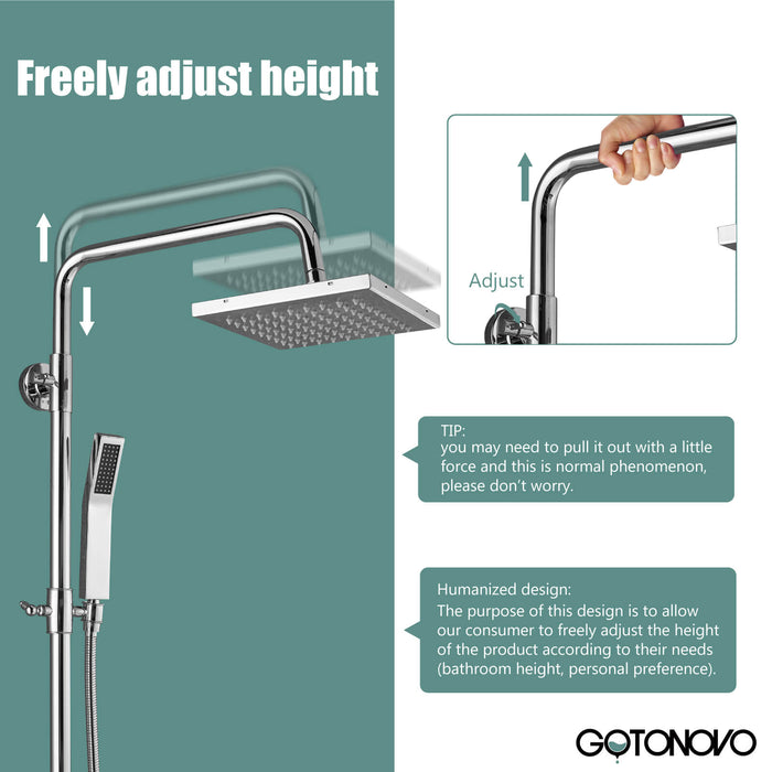 Polish Chrome Exposed Shower System 2 Functional Bathroom Shower Set 8 Inch Square Rainfall Shower Head with Hand Sprayer Wall Mounted