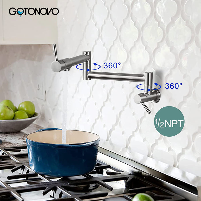 gotonovo Pot Filler Faucet Folding Stretchable Wall Mount Kitchen Restaurant Sink Faucet SUS304 Stainless Steel with Double Joint Swing Arm Single Hole Two Handles Commercial NPT