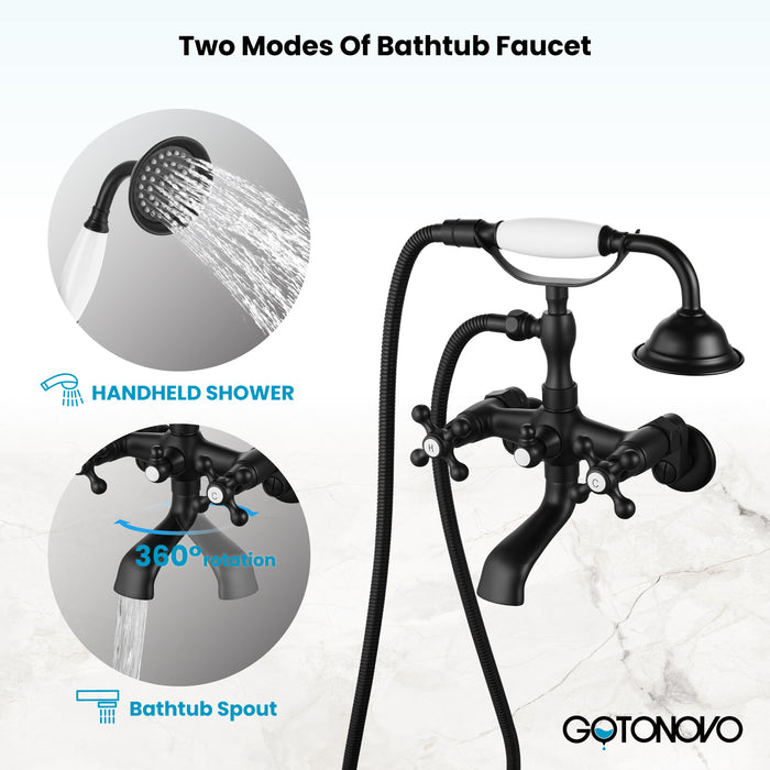 gotonovo Clawfoot Bathtub Faucet Tub Filler with Hand Held Shower Faucet Set Victorian Double Cross Handle 6 Inch Center Adjustable Swing Arms Tub Mount Short Adapter