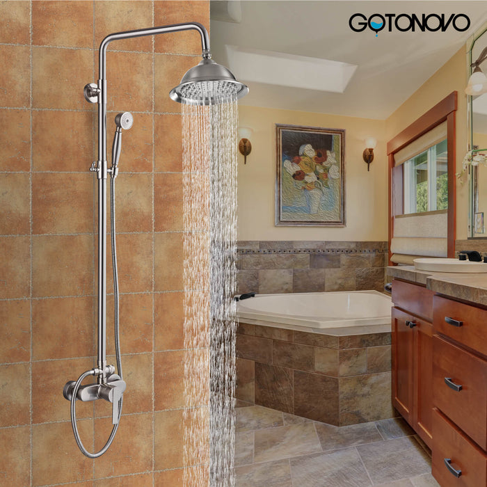 gotonovo Exposed Pipe Shower System Brass 8 Inch Overhead Rainfall Shower Fixture with Handheld Spray Dual Functions Solid Diverter Wall Mounte Bathroom Shower Faucet Combo Unit Set