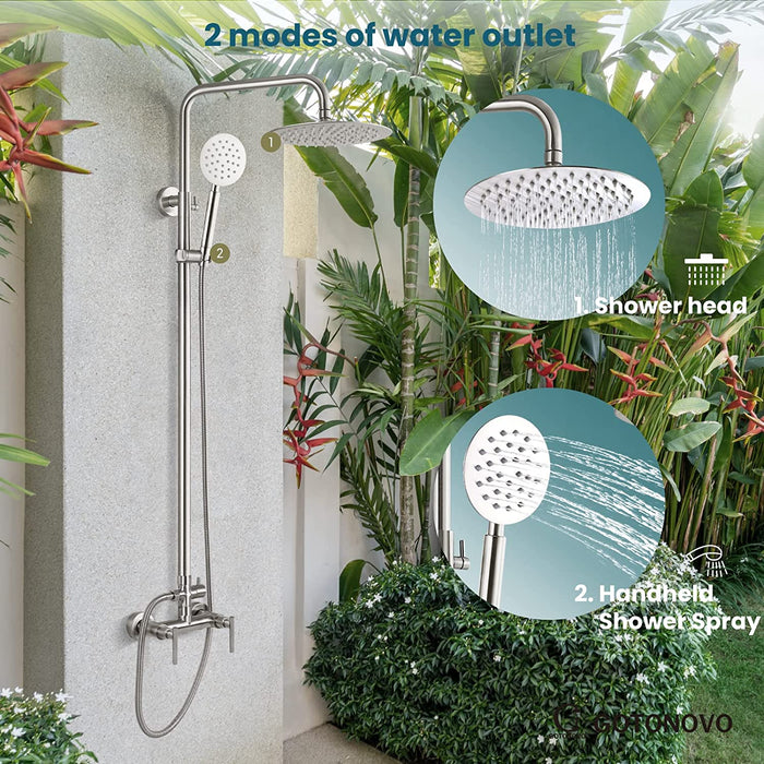 gotonovo Outdoor Shower Fixture System Combo Set Rainfall Lever Handle High Pressure Round Hand Spray Wall Mount Dual Function SUS304