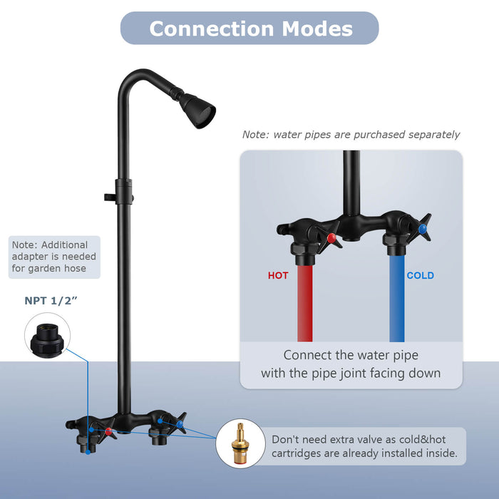 gotonovo Outdoor Shower Kit Wall Mount Matte Black Exposed Shower Fixture with Adjustable Slide Bar and Shower Head Double Cross Handles Bathroom Shower Faucet Set