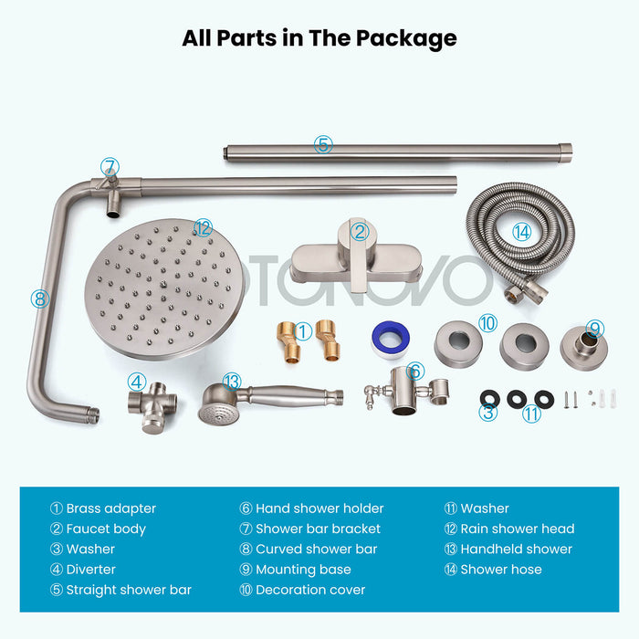 gotonovo douchesysteem met zichtbare pijp 8 inch regendouchekop douchekraan armatuur comboset messing enkele handgreep met handsproeier verstelbare schuifbalk dubbele functies