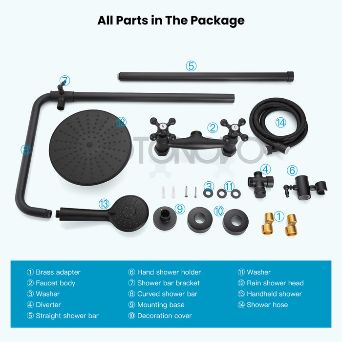 Gotonovo Exposed Shower System 8 Inch Rainfall Shower Head with 3 Function ABS Handheld and Double Cross Handle Wall Mounted Bathroom Luxury Mixer Shower Combo Set