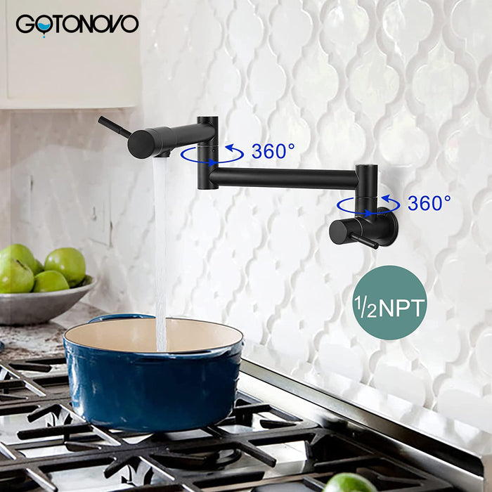 gotonovo Pot Filler Faucet Folding Stretchable Wall Mount Kitchen Restaurant Sink Faucet SUS304 Stainless Steel with Double Joint Swing Arm Single Hole Two Handles Commercial NPT