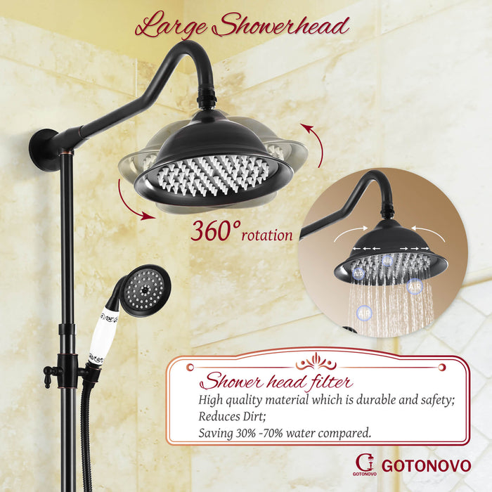 Shower System Set Complete 8 Rain Shower Faucet 2 Double Knobs Handle Triple Function Tub Spout Shower Fixture Unit 12 Inch Extention