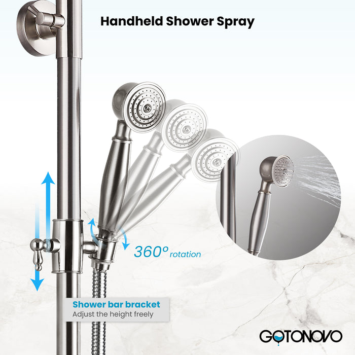 Gotonovo Exposed Shower System 8-inch Shower Head Fixture with Handheld Spray Double Lever Handle Tub Spout Triple Function Bathroom Wall Mount
