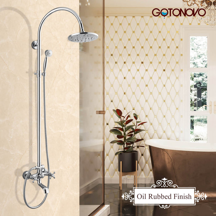 Gotonovo Exposed Shower Faucet Set Brass Dual Knobs 8 Inch Rainfall Round Head Mixer Tap Hand held Spray 3 Functions Shower System Tub Spout Bathroom Shower Combo Unit Set Wall Mounted
