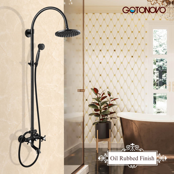 Gotonovo Exposed Shower Faucet Set Brass Dual Knobs 8 Inch Rainfall Round Head Mixer Tap Hand held Spray 3 Functions Shower System Tub Spout Bathroom Shower Combo Unit Set Wall Mounted