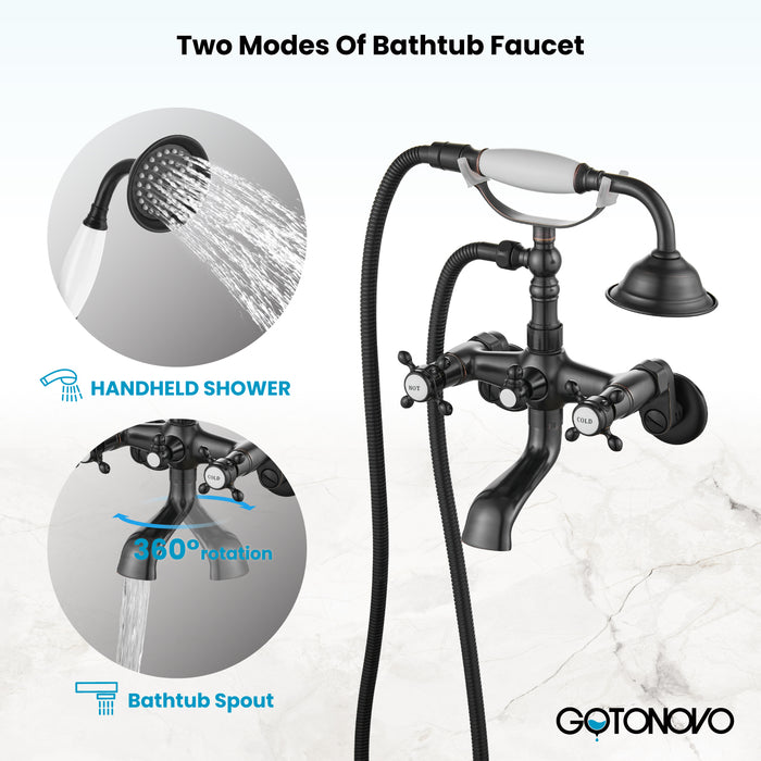 gotonovo Clawfoot Bathtub Faucet Tub Filler with Hand Held Shower Faucet Set Victorian Double Cross Handle 6 Inch Center Adjustable Swing Arms Tub Mount Short Adapter