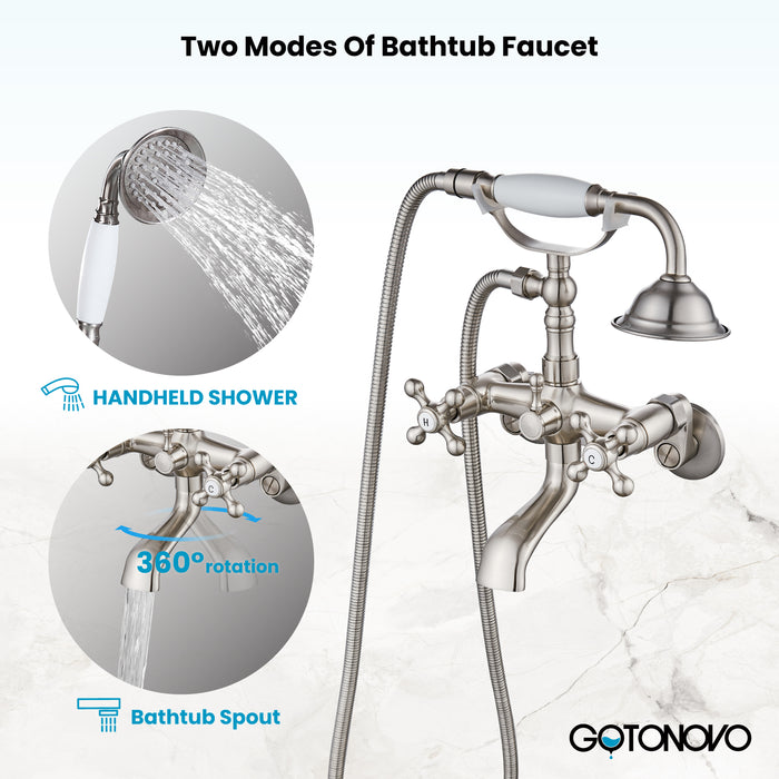 gotonovo Clawfoot Bathtub Faucet Tub Filler with Hand Held Shower Faucet Set Victorian Double Cross Handle 6 Inch Center Adjustable Swing Arms Tub Mount Short Adapter