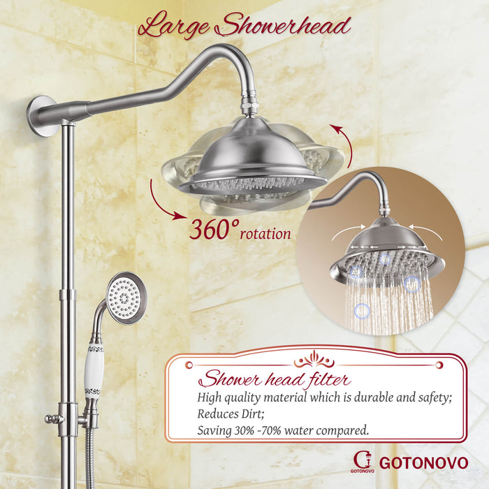 Shower System Set Complete 8 Rain Shower Faucet 2 Double Knobs Handle Triple Function Tub Spout Shower Fixture Unit 12 Inch Extention