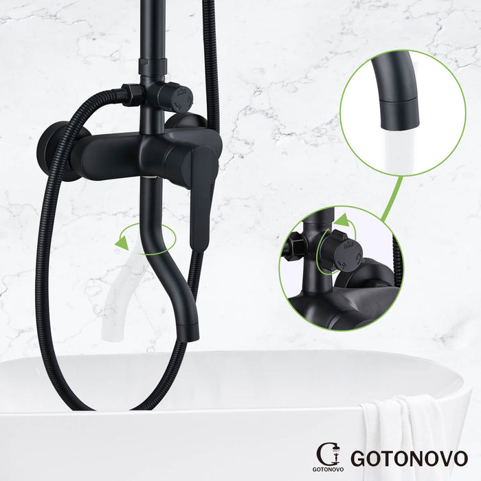 Gotonovo Matte Black Exposed Shower System 8 Inch ABS Round Rainfall Shower Head with ABS Handheld Sprayer Adjustable Slide Bar Hand Spray Wall Mount Set