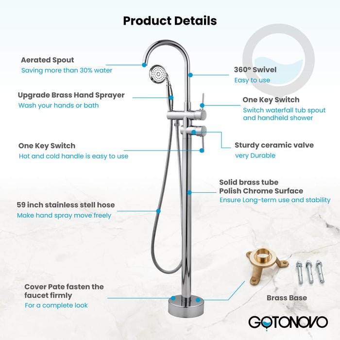 gotonovo Freestanding Bathtub Faucet Tub Filler with Hand Held Shower Floor-Mount High Flow Brass Bathtub Faucet with Hand Sprayer
