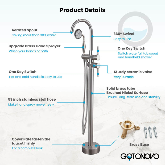 gotonovo Freestanding Bathtub Faucet Tub Filler with Hand Held Shower Floor-Mount High Flow Brass Bathtub Faucet with Hand Sprayer