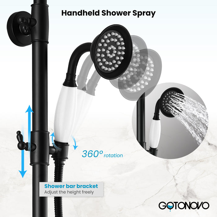 Gotonovo Exposed Shower System 8 Inch Rainfall Shower Head Dual Cross Handle with Handheld Spray Bathroom Shower System Wall Mount