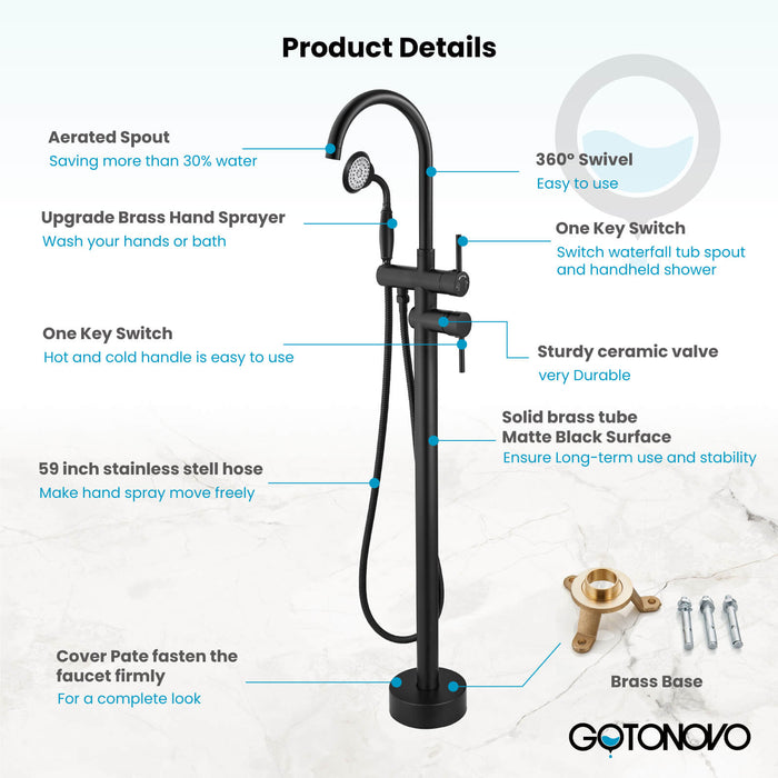 gotonovo Freestanding Bathtub Faucet Tub Filler with Hand Held Shower Floor-Mount High Flow Brass Bathtub Faucet with Hand Sprayer