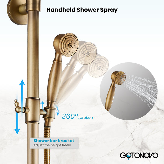 Gotonovo Exposed Shower System 8-inch Shower Head Fixture with Handheld Spray Double Lever Handle Tub Spout Triple Function Bathroom Wall Mount