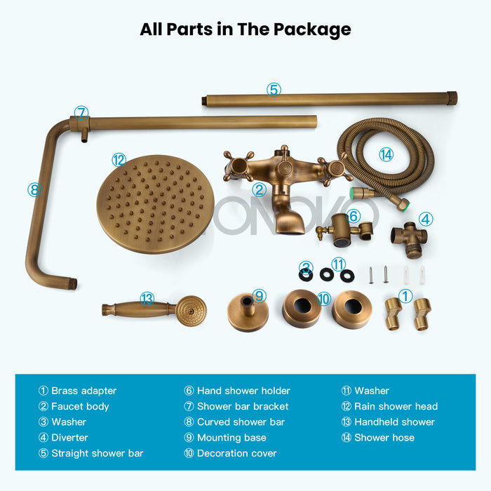 Gotonovo Exposed Shower System 8-Inch Rainfall Shower Faucet Dual Cross Handle Bathroom Bathtub Hand Spray Tub Tap Bathroom Fixtures