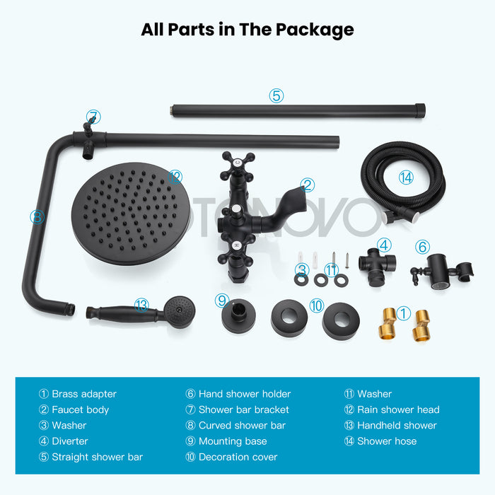 Gotonovo Exposed Shower System 8-Inch Rainfall Shower Faucet Dual Cross Handle Bathroom Bathtub Hand Spray Tub Tap Bathroom Fixtures