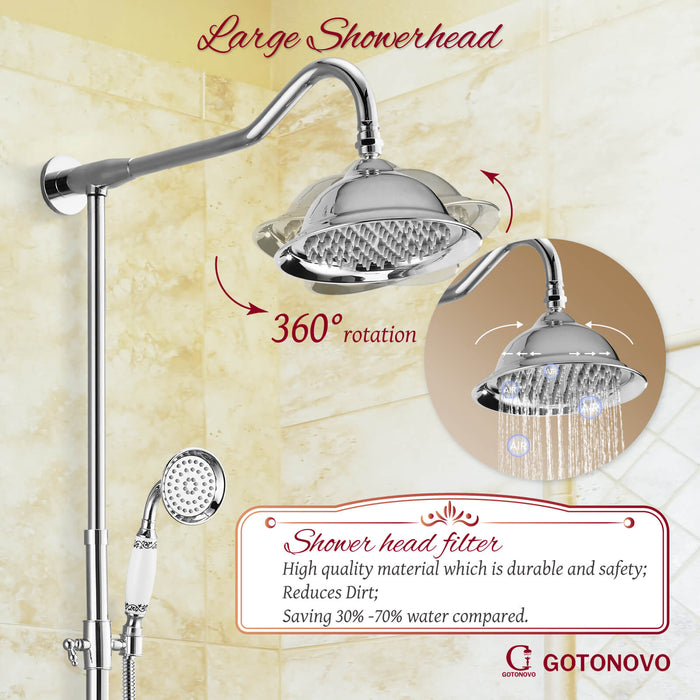 Shower System Set Complete 8 Rain Shower Faucet 2 Double Knobs Handle Triple Function Tub Spout Shower Fixture Unit 12 Inch Extention