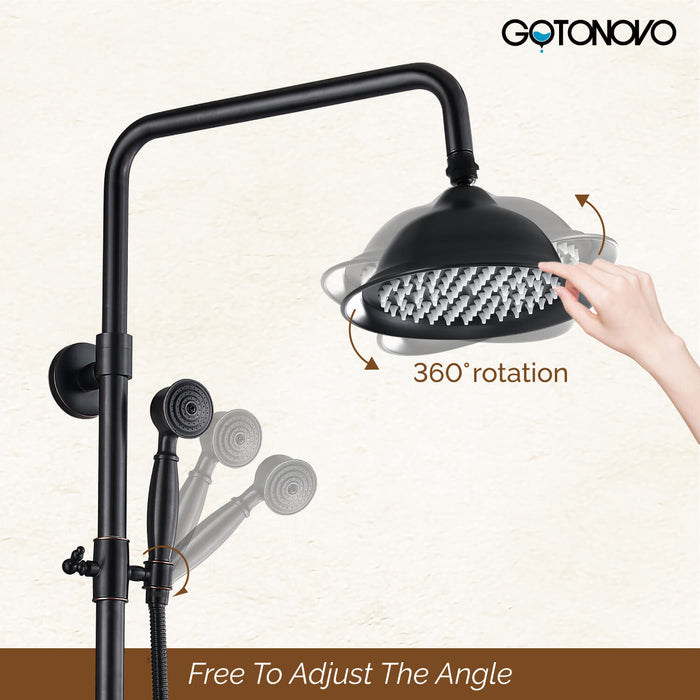 gotonovo Exposed Pipe Shower System Brass 8 Inch Overhead Rainfall Shower Fixture with Handheld Spray Dual Functions Solid Diverter Wall Mounte Bathroom Shower Faucet Combo Unit Set