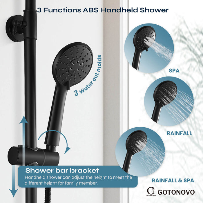 Gotonovo Exposed Shower Faucet Matte Black 8 inch Rain ABS Shower Head and Handheld Sprayer Shower Fixture Combo System Unit Set