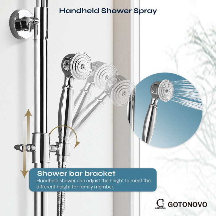 gotonovo Exposed Shower Set 8inch Top Shower Double Knobs cross Handle with Tub Spout Triple Function Shower Fixture System Set