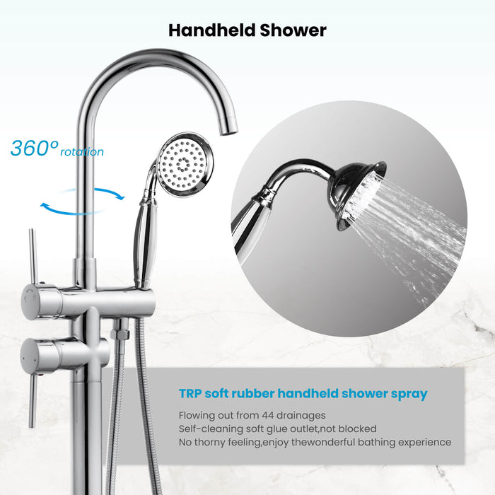 gotonovo Freestanding Bathtub Faucet Tub Filler with Hand Held Shower Floor-Mount High Flow Brass Bathtub Faucet with Hand Sprayer