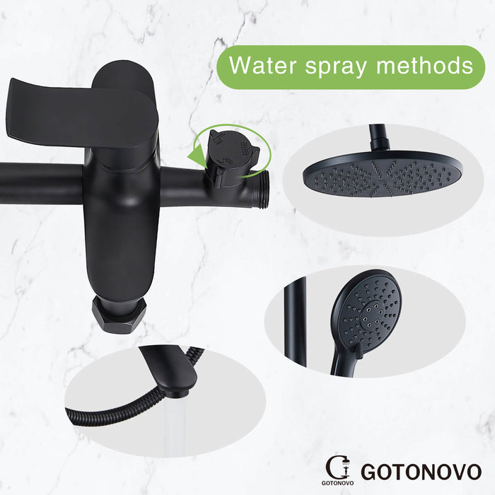 Gotonovo Matte Black Exposed Shower Fixture Combo Set 9 Inch ABS Round Rainfall Showerhead with ABS Handheld Sprayer Wall Mount Shower System Adjustable Slide Bar