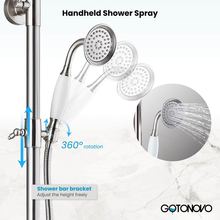 Gotonovo Exposed Shower System Wall Mounted Triple Function 8 Inch Rainfall Shower Head with Handheld and Tub Spout Double Cross Handles