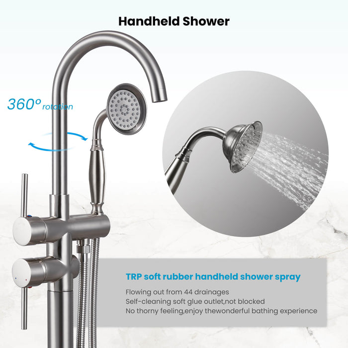gotonovo Freestanding Bathtub Faucet Tub Filler with Hand Held Shower Floor-Mount High Flow Brass Bathtub Faucet with Hand Sprayer