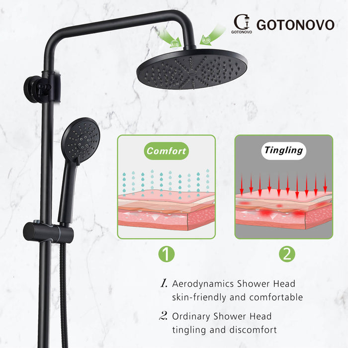 Gotonovo Matte Black Exposed Shower System 8 Inch ABS Round Rainfall Shower Head with ABS Handheld Sprayer Adjustable Slide Bar Hand Spray Wall Mount Set