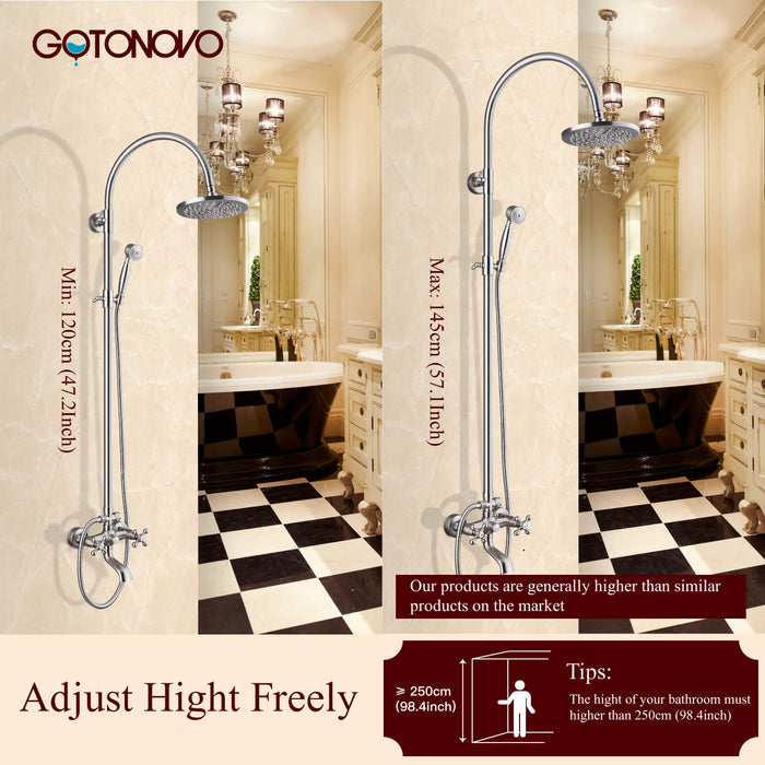 Gotonovo Exposed Shower Faucet Set Brass Dual Knobs 8 Inch Rainfall Round Head Mixer Tap Hand held Spray 3 Functions Shower System Tub Spout Bathroom Shower Combo Unit Set Wall Mounted