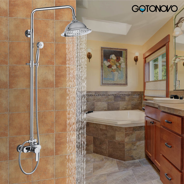 gotonovo Exposed Pipe Shower System Brass 8 Inch Overhead Rainfall Shower Fixture with Handheld Spray Dual Functions Solid Diverter Wall Mounte Bathroom Shower Faucet Combo Unit Set