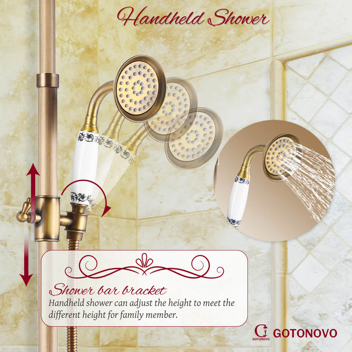 Shower System Set Complete 8 Rain Shower Faucet 2 Double Knobs Handle Triple Function Tub Spout Shower Fixture Unit 12 Inch Extention